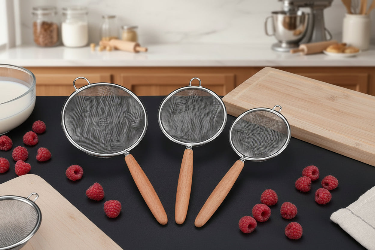 passoire en bois et acier pour filtrer confiture et jus fruits frais presser