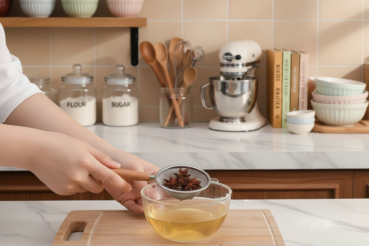 passoire en bois et acier pour infuser anise etoiler