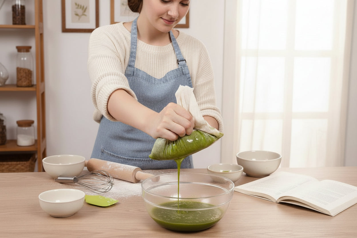 passoire en tissus pour filtrer les patisseries a base de matcha et pistache