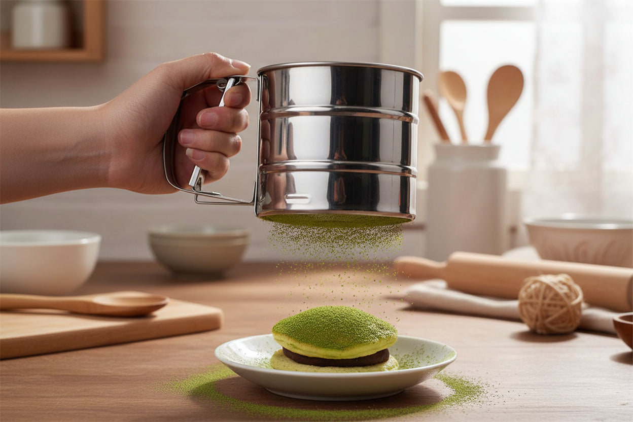 passoire tamis pour filtrer matcha sur patisserie japonaise