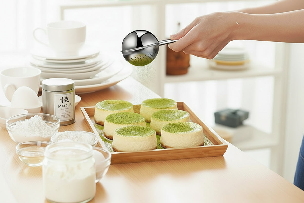 tamis de cuisine pour saupoudrer matcha sur gateau au fromage