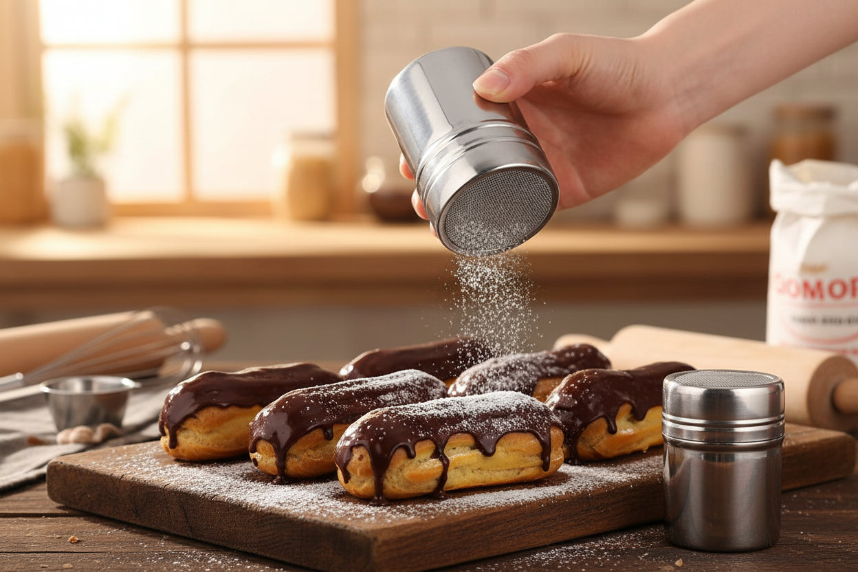 tamis pour cuisine en bouteille pour saupoudrer eclairs au chocolat maison